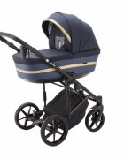 Adamex Carucior 3 in 1 Rimini Alu tip Collection Linen EcoLeather RY95 Blue Gold cu scaun auto iSize parte sport reglabila pana la orizontala landou cu suport de cap reglabil accesorii incluse