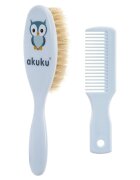 Akuku Set perie de par si pieptene cu peri naturali Bufnita Albastru