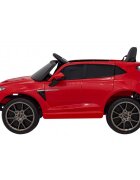 Aston Martin Masinuta electrica pentru copii DBX rosu 100W cu telecomanda suspensii lumini panou audio scaun piele si roti din spuma Eva