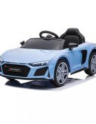 Audi Masinuta electrica copii R8 Blue-Grey cu licentaacumulator 12V 78Wscaun din piele si roti EVA bluetooth display usi cu deschidere muzicaUSB lumini LED oglinzi retrovizoare pornire la butonsarcina maxima 30 kg