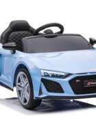 Audi Masinuta electrica copii R8 Blue-Grey cu licentaacumulator 12V 78Wscaun din piele si roti EVA bluetooth display usi cu deschidere muzicaUSB lumini LED oglinzi retrovizoare pornire la butonsarcina maxima 30 kg