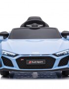 Audi Masinuta electrica copii R8 Blue-Grey cu licentaacumulator 12V 78Wscaun din piele si roti EVA bluetooth display usi cu deschidere muzicaUSB lumini LED oglinzi retrovizoare pornire la butonsarcina maxima 30 kg