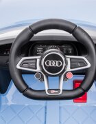 Audi Masinuta electrica copii R8 Blue-Grey cu licentaacumulator 12V 78Wscaun din piele si roti EVA bluetooth display usi cu deschidere muzicaUSB lumini LED oglinzi retrovizoare pornire la butonsarcina maxima 30 kg
