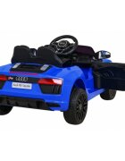 Audi Masinuta electrica pentru copii R8 albastru 70W cu telecomanda lumini suspensii scaun piele si roti din spuma Eva