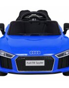 Audi Masinuta electrica pentru copii R8 albastru 70W cu telecomanda lumini suspensii scaun piele si roti din spuma Eva