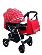 Baby Care Carucior pentru copii Pro 511 Rosu cu carouri 2 in 1 cu geanta inclusa Cadru aluminiu Maner reversibil Spatar reglabil in 5 trepte Amortizoare Plasa insecte Frana picior