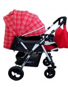 Baby Care Carucior pentru copii Pro 511 Rosu cu carouri 2 in 1 cu geanta inclusa Cadru aluminiu Maner reversibil Spatar reglabil in 5 trepte Amortizoare Plasa insecte Frana picior