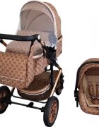 Baby Care Carucior pentru copii Pro 530 Crem cu Imprimeu Bambucci 3 in 1 Transformabil Cadru Aluminiu Amortizoare Roti din cauciuc Spatar reglabil 3 trepte Plasa insecte Geanta
