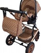 Baby Care Carucior pentru copii Pro 530 Crem cu Imprimeu Bambucci 3 in 1 Transformabil Cadru Aluminiu Amortizoare Roti din cauciuc Spatar reglabil 3 trepte Plasa insecte Geanta