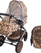Baby Care Carucior pentru copii Pro 530 Crem cu Imprimeu Oval 3 in 1 Transformabil Cadru Aluminiu Amortizoare Roti din cauciuc Spatar reglabil 3 trepte Plasa insecte Geanta