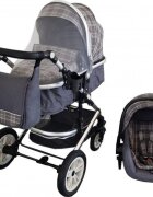 Baby Care Carucior pentru copii Pro 530 Gri Jeans Carouri 3 in 1 Transformabil Cadru Aluminiu Amortizoare Roti din cauciuc Spatar reglabil 3 trepte Plasa insecte Geanta
