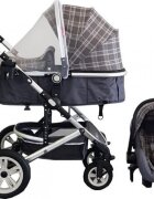 Baby Care Carucior pentru copii Pro 530 Gri Jeans Carouri 3 in 1 Transformabil Cadru Aluminiu Amortizoare Roti din cauciuc Spatar reglabil 3 trepte Plasa insecte Geanta