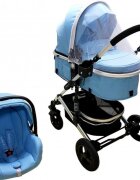Baby Care Carucior pentru copii PRO 531 Albastru 3 in 1 Cadru Aluminiu Amortizoare Roti din cauciuc plin Landou Scoica auto Spatar reglabil 3 trepte Plasa insecte
