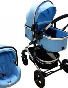 Baby Care Carucior pentru copii PRO 531 Albastru 3 in 1 Cadru Aluminiu Amortizoare Roti din cauciuc plin Landou Scoica auto Spatar reglabil 3 trepte Plasa insecte