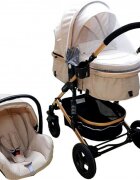 Baby Care Carucior pentru copii PRO 531 Crem 3 in 1 Cadru Aluminiu Amortizoare Roti din cauciuc plin Landou Scoica auto Spatar reglabil 3 trepte Plasa insecte