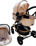 Baby Care Carucior pentru copii PRO 531 Crem 3 in 1 Cadru Aluminiu Amortizoare Roti din cauciuc plin Landou Scoica auto Spatar reglabil 3 trepte Plasa insecte
