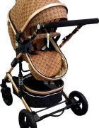 Baby Care Carucior pentru copii PRO 531 Maro 2 in 1 Cu geanta bebe Cadru Aluminiu Gold Amortizoare Roti din cauciuc plin Spatar reglabil 3 trepte Plasa insecte