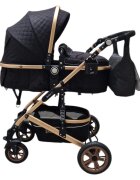 Baby Care Carucior pentru copii PRO 531 Negru 2 in 1 Cu geanta bebe Cadru Aluminiu Gold Amortizoare Roti din cauciuc plin Spatar reglabil 3 trepte Plasa insecte