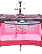 Baby Care Patut copii PRO FMAT Roz Pliabil 2 Niveluri de inaltime Melodii Masa infasat Carusel cu jucarii din plus Plasa insecte