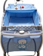 Baby Care Patut pentru copii PRO FRW Albastru Pliabil cu Balansoar 2 Nivele de inaltime Melodii Masa infasat Carusel cu jucarii din plus Plasa insecte