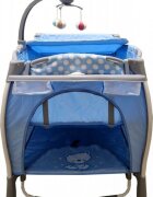 Baby Care Patut pentru copii PRO FRW Albastru Pliabil cu Balansoar 2 Nivele de inaltime Melodii Masa infasat Carusel cu jucarii din plus Plasa insecte
