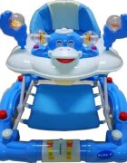 Baby Care Premergator cu sistem de balansare Ratusca Albastru pliabil cu roti din silicon si melodii