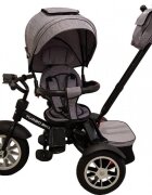 Baby Care Tricicleta pentru copii Turbo Bike Gri Jeans cu Far luminos Roti din cauciuc Pozitie somn Pedale si maner pentru parinti Scaun reversibil cu invartire 360 grade Cadru metalic Dimensiuni 110X45X90 cm