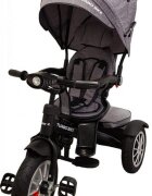 Baby Care Tricicleta pentru copii Turbo Bike Gri Jeans cu Far luminos Roti din cauciuc Pozitie somn Pedale si maner pentru parinti Scaun reversibil cu invartire 360 grade Cadru metalic Dimensiuni 110X45X90 cm