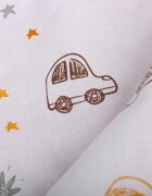BabyMam Paturica pentru copii Beige Cars realizata cu doua fete din bumbac si din plus pufos dimensiune 75 x 50 cm