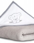 BabyMam Prosop de baie pentru copii prevazut cu capison decorat cu broderie vesela 100 bumbac dimensiune 100 x 100 cm Teddy Bear Grey