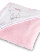BabyMam Prosop de baie pentru copii prevazut cu capison decorat cu broderie vesela 100 bumbac dimensiune 100 x 100 cm Teddy Bear Pink