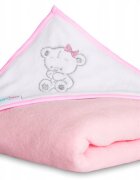 BabyMam Prosop de baie pentru copii prevazut cu capison decorat cu broderie vesela 100 bumbac dimensiune 100 x 100 cm Teddy Bear Pink