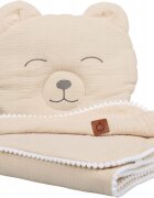 BabyMam Set paturica 73x96 cm si perna 31x24 cm pentru copii din muselina cu structura aerisita model beige Teddybear