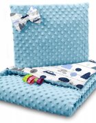 BabyMam Set paturica 75x100 cm si perna 35x30 cm pentru copii minky blue retro cars versatila cu doua fete