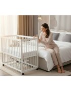 BabyNeeds Patut co-sleeper Qmini Dalia Alb multifunctional 90x50 cm din lemn de pin reglabil pe orice treapta de inaltime la patul parintilor sistem de ancorare si roti cu frana incluse