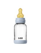 BIBS Set complet biberon din sticla anticolici cu tetina din latex flux lent 120 ml Baby Blue