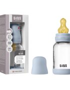 BIBS Set complet biberon din sticla anticolici cu tetina din latex flux lent 120 ml Baby Blue