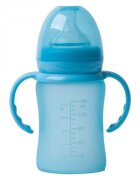 BO Jungle Biberon termo din sticla acoperita de silicon cu indicator de temperatura 150 ml albastru