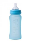BO Jungle Biberon termo din sticla acoperita de silicon cu indicator de temperatura 300 ml albastru