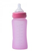 BO Jungle Biberon termo din sticla acoperita de silicon cu indicator de temperatura 300 ml Roz