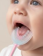 Bocioland Periuta de dinti pentru bebelusi Albastru cu forma speciala peri din silicon alimentar maner ergonomic cu ventuza