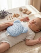Bocioland Pernuta anticolici cu samburi de cirese si lavanda Teddy Albastru diametru 14 cmhusa din bumbac 100 cu textura waffle utilizare rececald