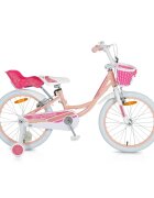 Byox Bicicleta pentru fetite cu roti ajutatoare Fashion Girl Coral 20 inch varsta 6-9 ani cu inaltimea recomandata 135-155 cm scaun si ghidon reglabile pe inaltime frana de mana pe ambele roti cosulet si claxon incluse