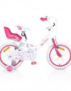 Byox Bicicleta pentru fetite Princess White 16 inch cu roti ajutatoare si portbagaj papusi frana fata si spate V-brake Sa si ghidon reglabile pe inaltime claxon
