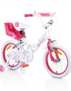 Byox Bicicleta pentru fetite Princess White 16 inch cu roti ajutatoare si portbagaj papusi frana fata si spate V-brake Sa si ghidon reglabile pe inaltime claxon