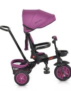Byox Tricicleta pentru copii Explore Purple pliabila cu sezut rotativ spatar reglabil suport pentru picioare pneuri din cauciuc maner cu control al directiei cosulet pentru accesorii