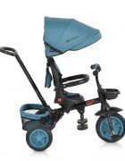 Byox Tricicleta pentru copii Explore Turquoise pliabila cu sezut rotativ spatar reglabil suport pentru picioare pneuri din cauciuc maner cu control al directiei cosulet pentru accesorii