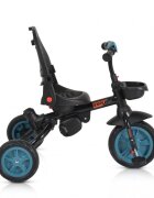 Byox Tricicleta pentru copii Explore Turquoise pliabila cu sezut rotativ spatar reglabil suport pentru picioare pneuri din cauciuc maner cu control al directiei cosulet pentru accesorii