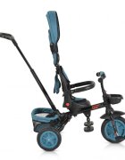 Byox Tricicleta pentru copii Explore Turquoise pliabila cu sezut rotativ spatar reglabil suport pentru picioare pneuri din cauciuc maner cu control al directiei cosulet pentru accesorii