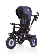 Byox Tricicleta pentru copii Jockey Dark Blue cu sezut rotativ si spatar reglabil 2 seturi suport picioruse roti mari din cauciuc maner cu control al directiei scaun confortabil cu husa moale si frana pe rotile din spate
